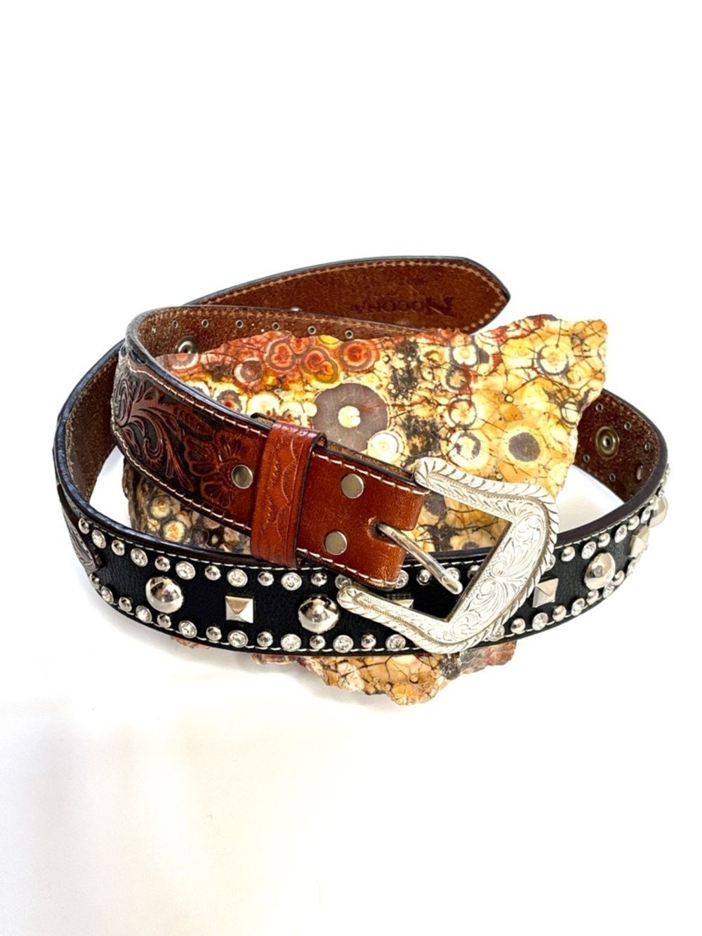Nocona Western Studded Rhinestone Belt Size 34 Brown Leather